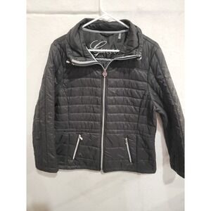 Guess Black Quilted Puffer Jacket Womens XL Lightweight Full Zip Silver Hardware